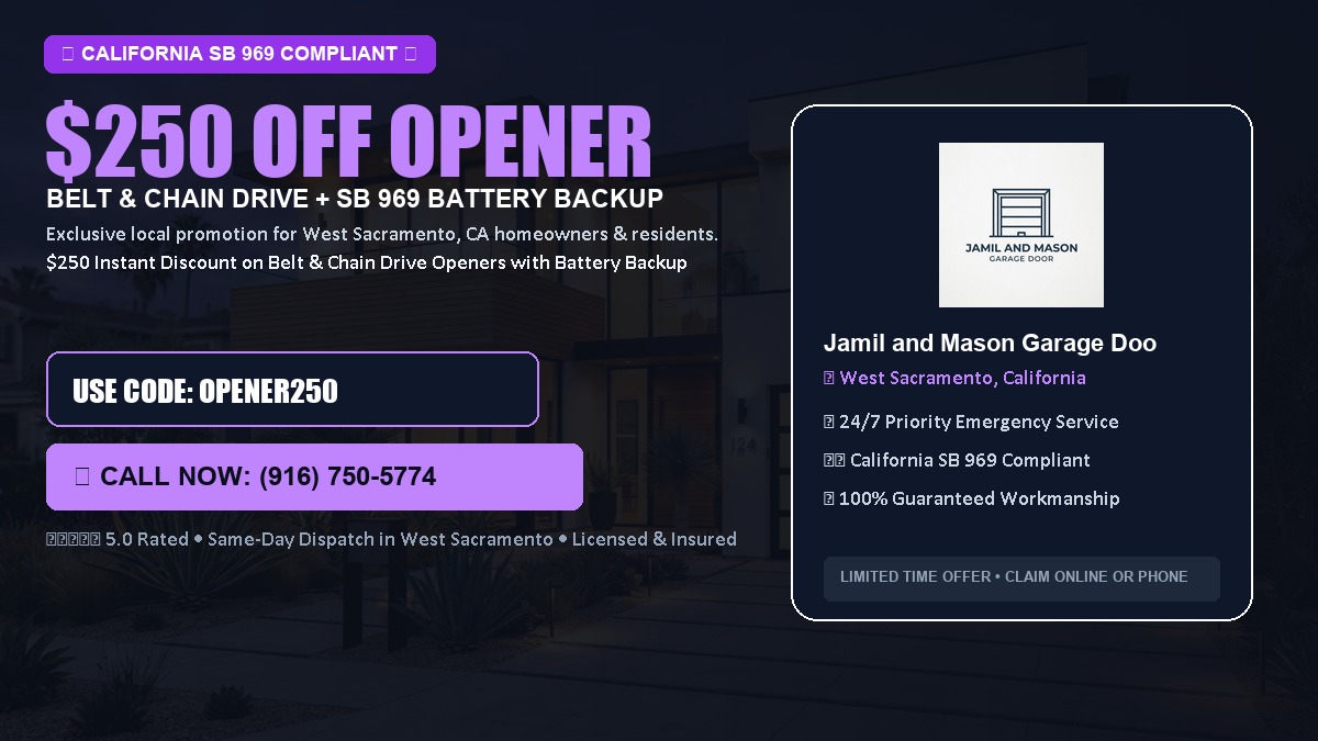 $250 OFF Smart Garage Door Opener Installation (Belt & Chain Drive with California SB 969 Battery Backup) in West Sacramento, CA
