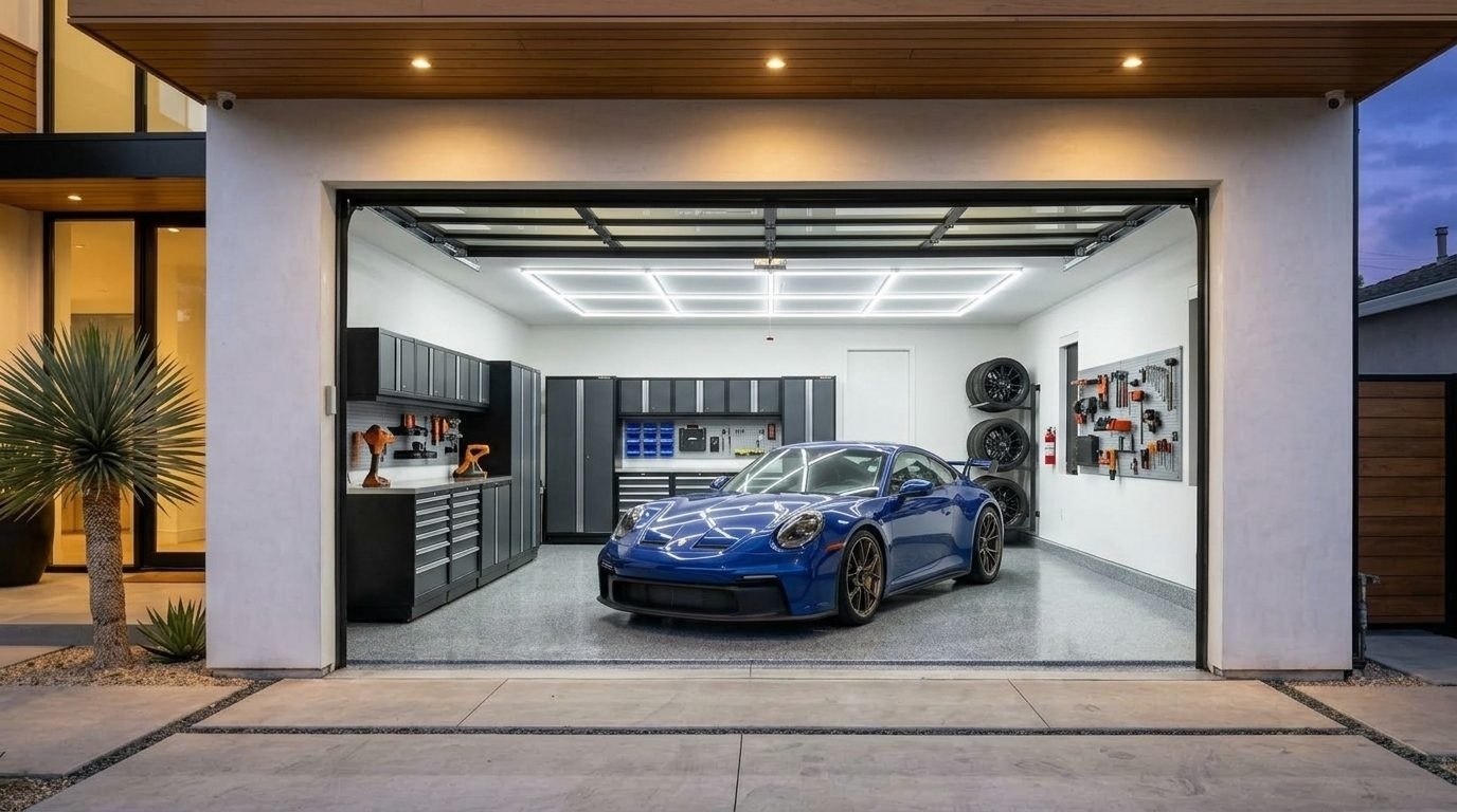 Jamil and Mason Garage Door Interior View of Custom Garage Door Overhead and Workshop